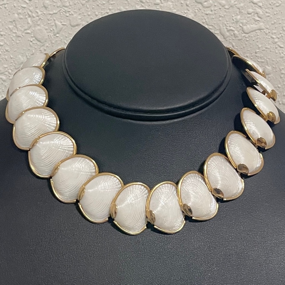 Statement Necklace Gold Tone White Lucite Shell-Style Panel